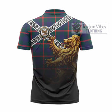 Agnew Crest Tartan Zipper Polo Shirt with Golden Lion Emblem Celtic Style