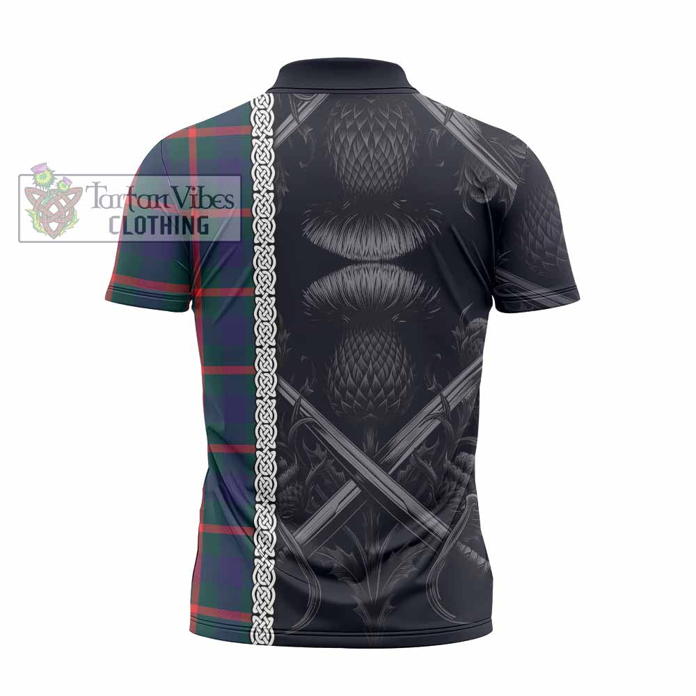 Tartan Vibes Clothing Agnew Tartan Zipper Polo Shirt with Family Crest Cross Sword Thistle Celtic Vibes