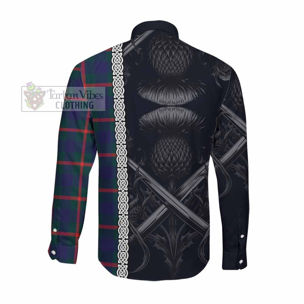 Tartan Vibes Clothing Agnew Tartan Long Sleeve Button Shirt with Family Crest Cross Sword Thistle Celtic Vibes