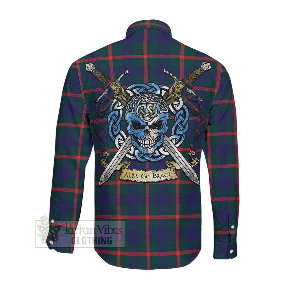 Tartan Vibes Clothing Agnew Tartan Long Sleeve Button Shirt with Family Crest Celtic Skull Style