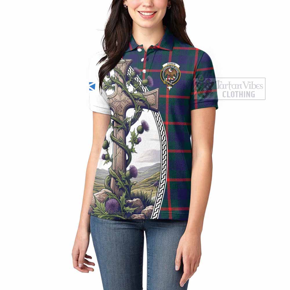 Tartan Vibes Clothing Agnew Tartan Women's Polo Shirt with Family Crest and St. Andrew's Cross Accented by Thistle Vines