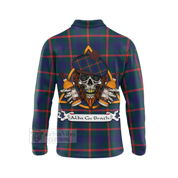 Tartan Vibes Clothing Agnew Tartan Long Sleeve Polo Shirt with Family Crest and Bearded Skull Holding Bottles of Whiskey