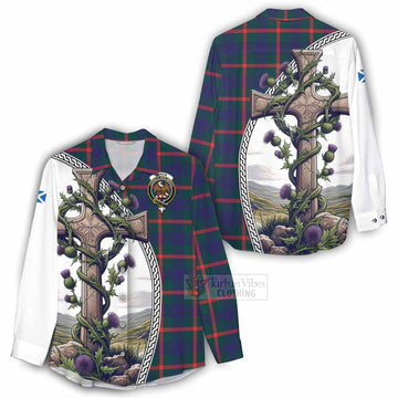 Tartan Vibes Clothing Agnew Tartan Women's Casual Shirt with Family Crest and St. Andrew's Cross Accented by Thistle Vines