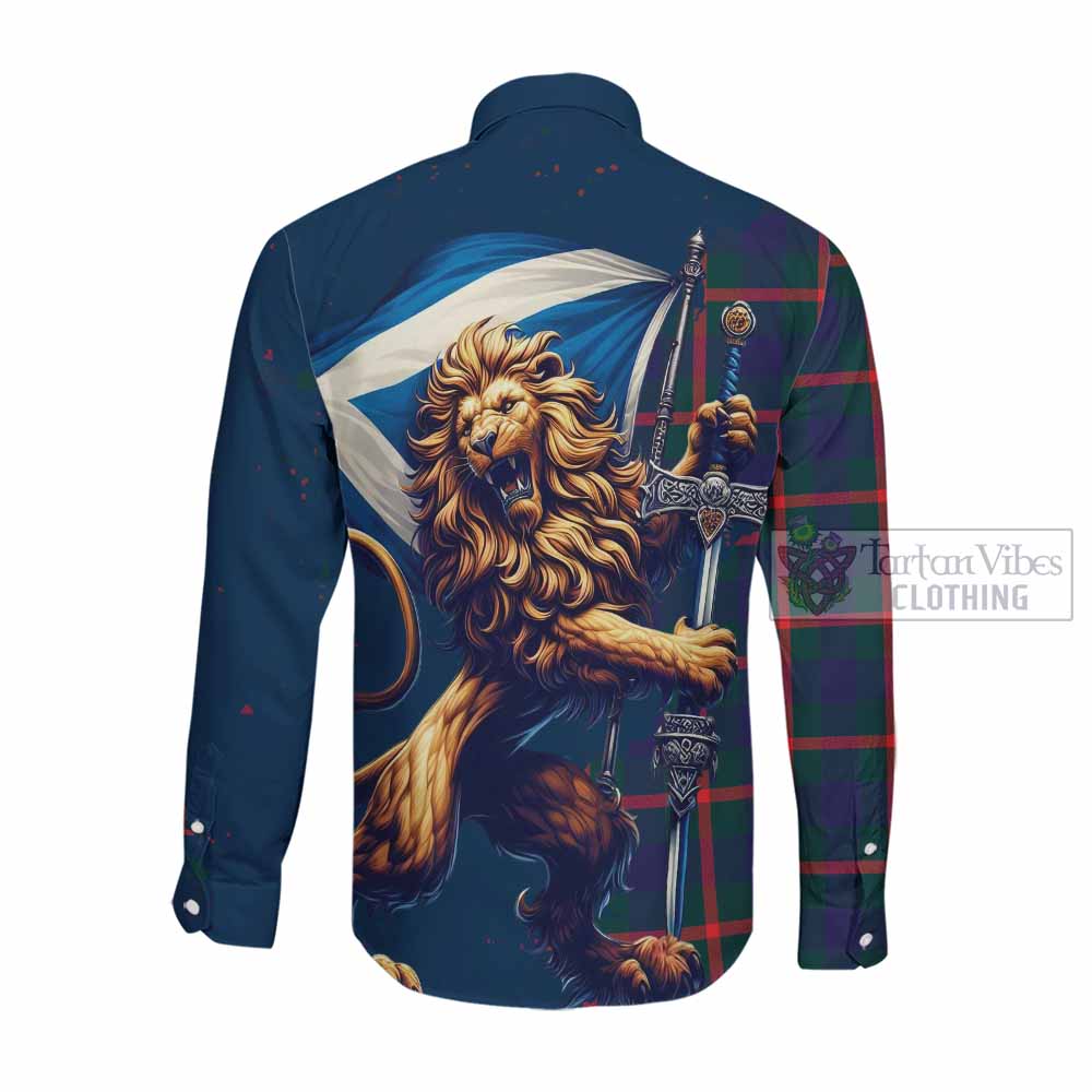 Tartan Vibes Clothing Agnew Tartan Family Crest Long Sleeve Button Shirt with Scottish Majestic Lion