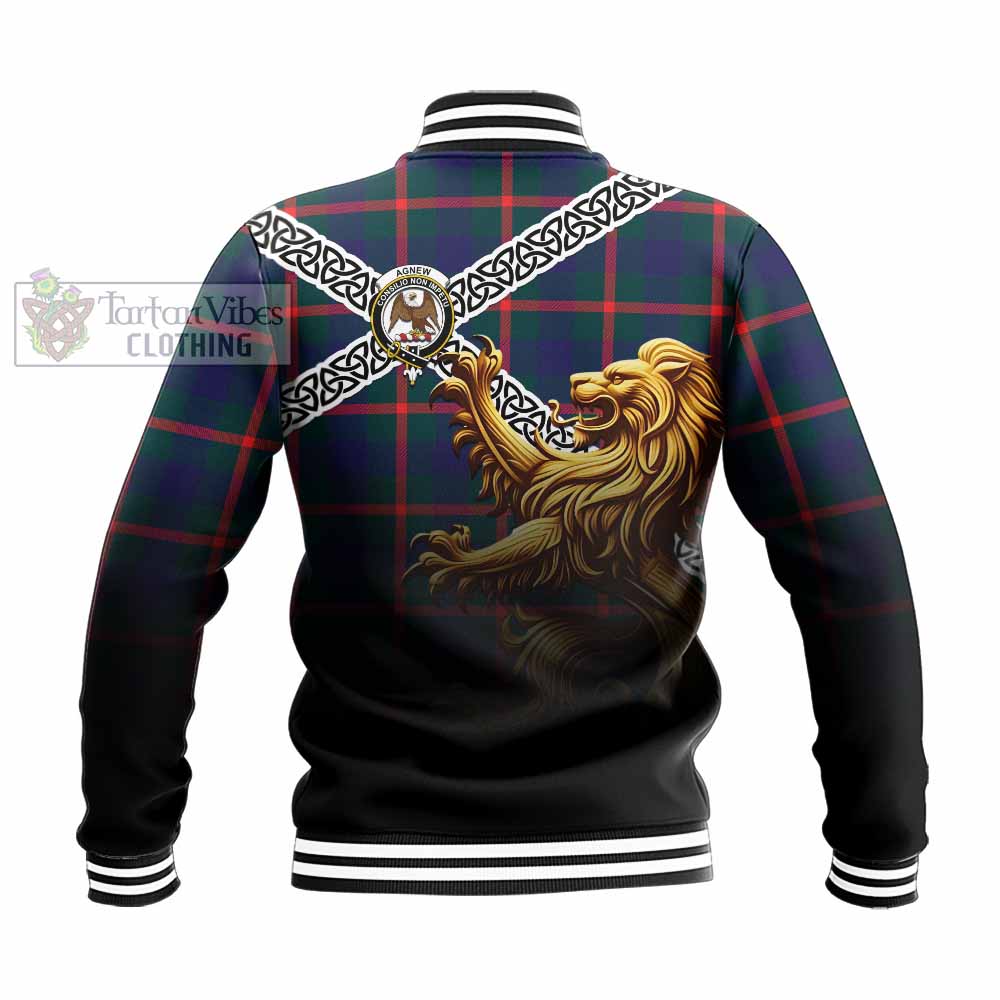 Tartan Vibes Clothing Agnew Crest Tartan Baseball Jacket with Golden Lion Emblem Celtic Style