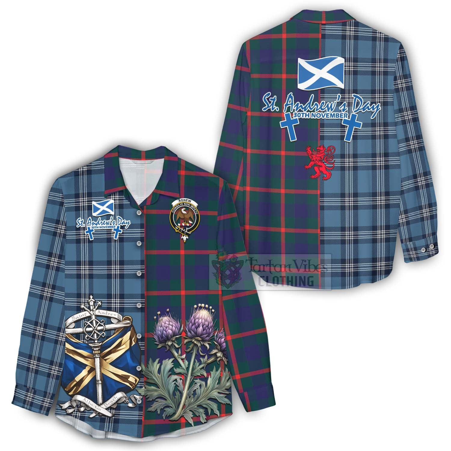 Tartan Vibes Clothing Agnew Tartan Women's Casual Shirt Happy St. Andrew's Day Half Tartan Style