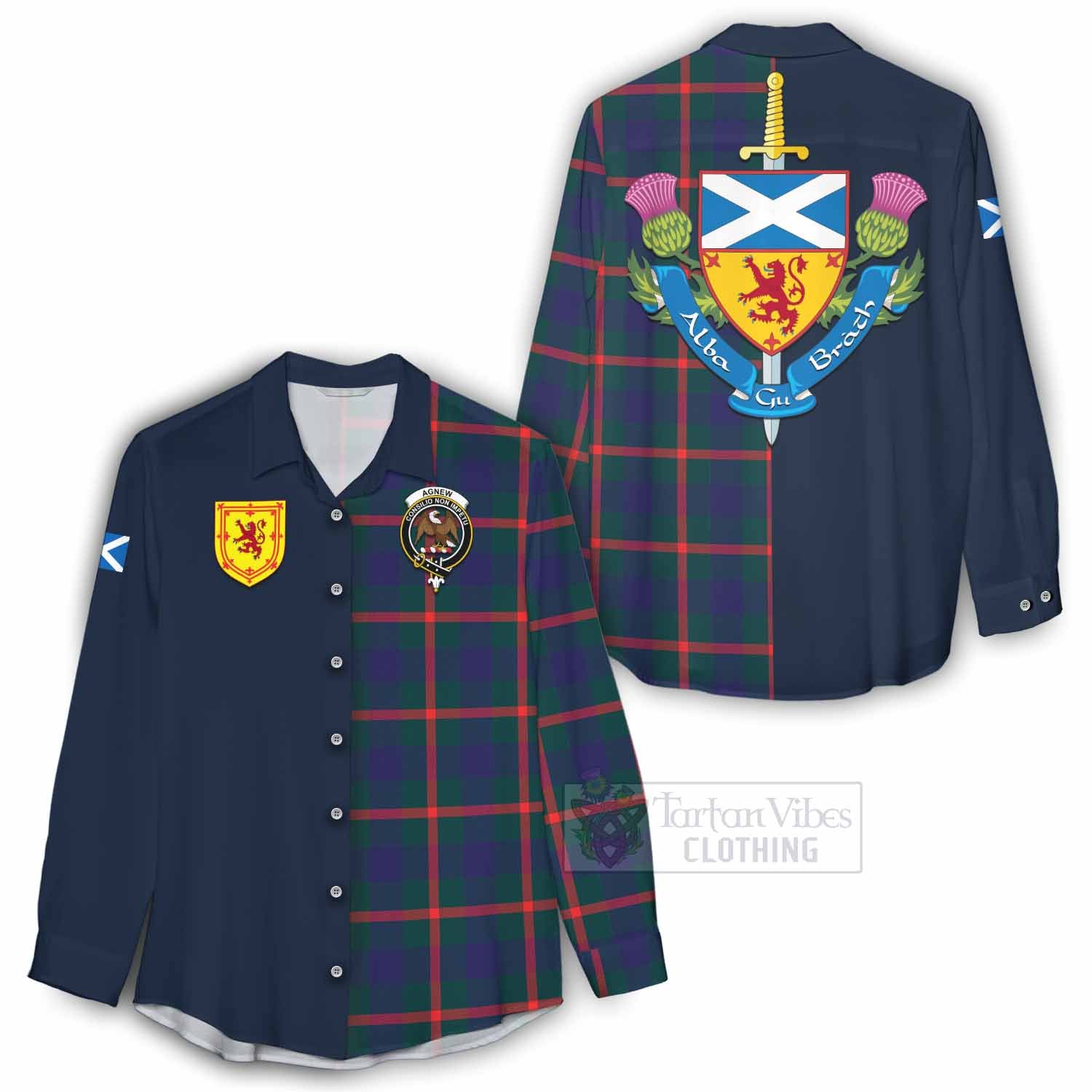 Tartan Vibes Clothing Agnew Tartan Women's Casual Shirt Alba with Scottish Lion Royal Arm Half Style