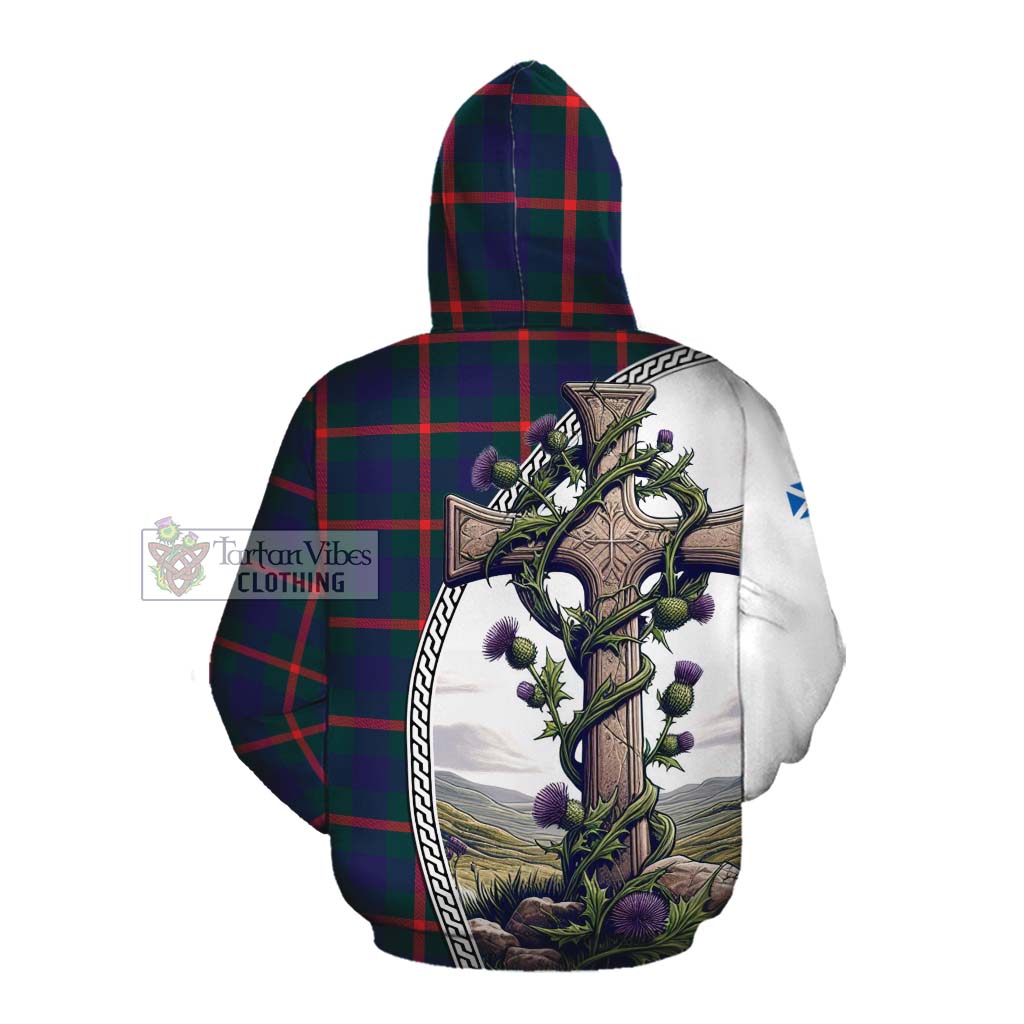 Tartan Vibes Clothing Agnew Tartan Cotton Hoodie with Family Crest and St. Andrew's Cross Accented by Thistle Vines