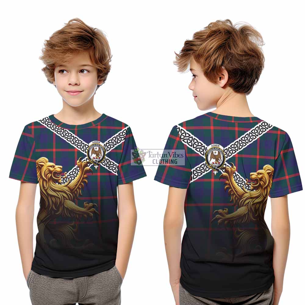 Tartan Vibes Clothing Agnew Crest Tartan Kid T-Shirt with Golden Lion Emblem Celtic Style
