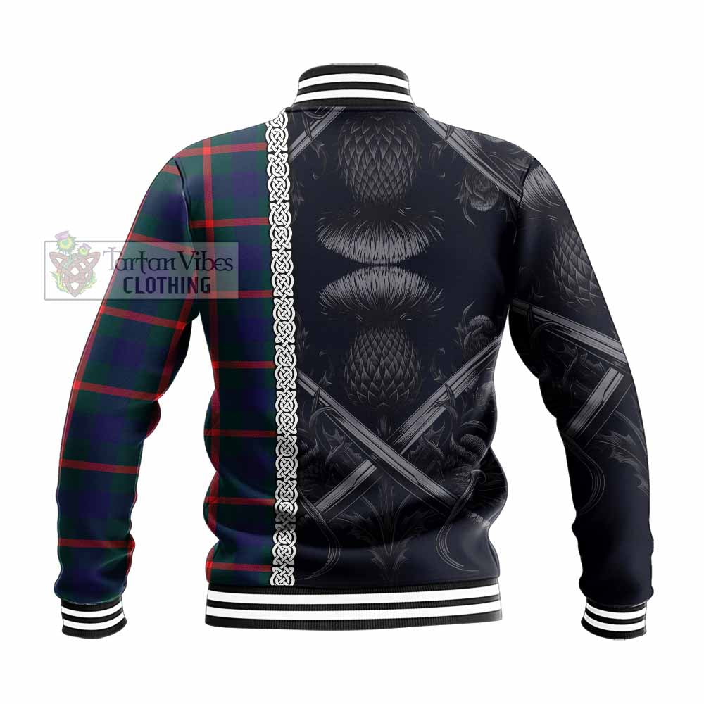 Tartan Vibes Clothing Agnew Tartan Baseball Jacket with Family Crest Cross Sword Thistle Celtic Vibes