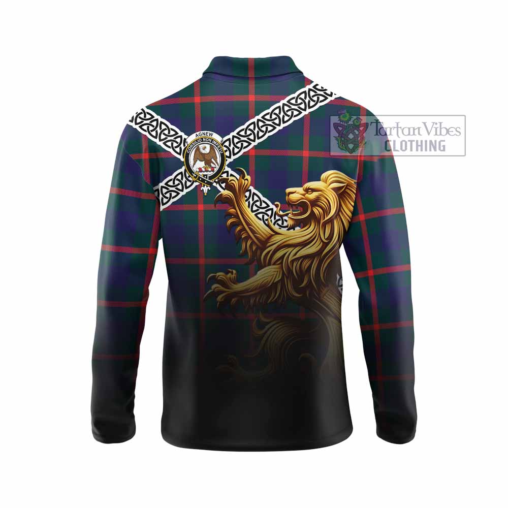 Tartan Vibes Clothing Agnew Crest Tartan Long Sleeve Polo Shirt with Golden Lion Emblem Celtic Style