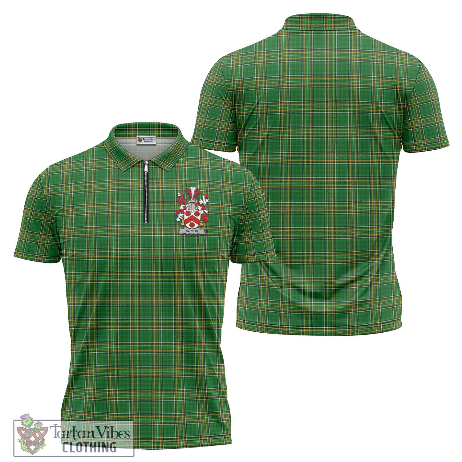 Tartan Vibes Clothing Agnew Ireland Clan Tartan Zipper Polo Shirt with Coat of Arms