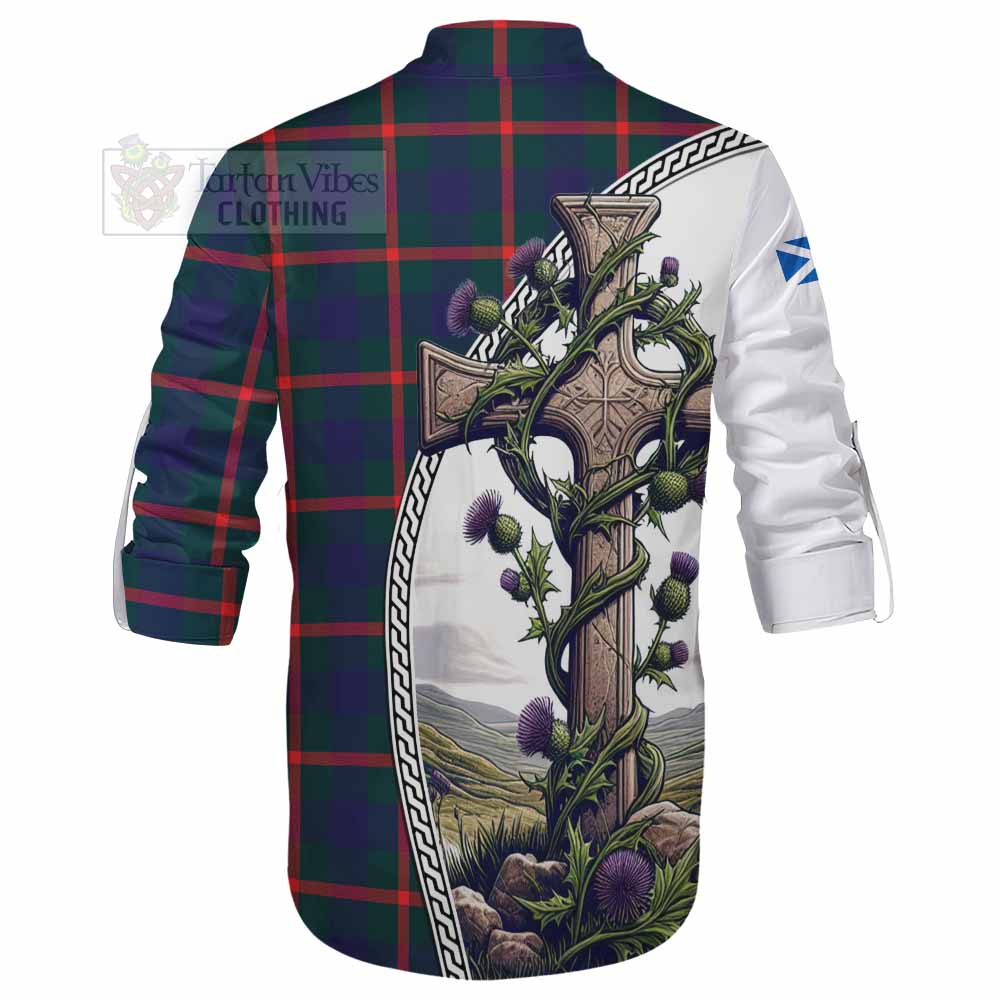 Tartan Vibes Clothing Agnew Tartan Ghillie Kilt Shirt with Family Crest and St. Andrew's Cross Accented by Thistle Vines