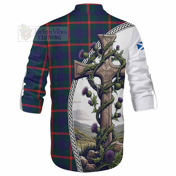 Tartan Vibes Clothing Agnew Tartan Ghillie Kilt Shirt with Family Crest and St. Andrew's Cross Accented by Thistle Vines