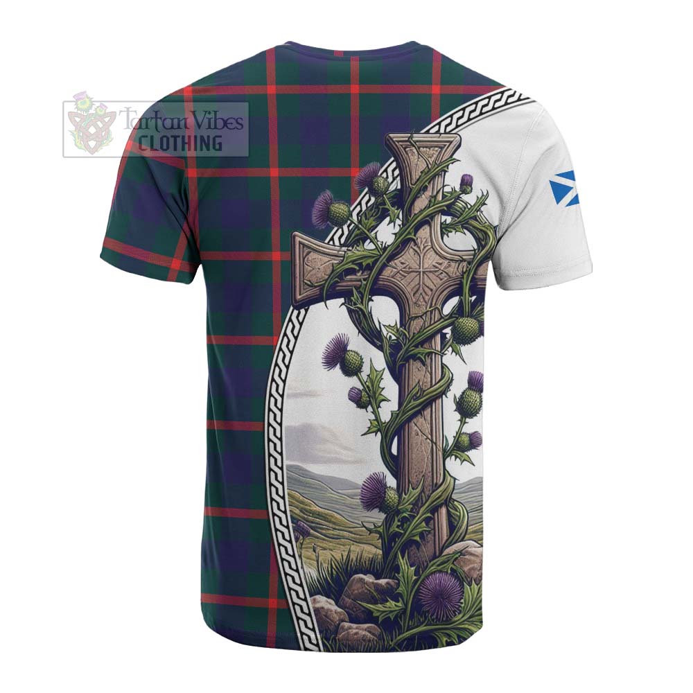 Tartan Vibes Clothing Agnew Tartan Cotton T-shirt with Family Crest and St. Andrew's Cross Accented by Thistle Vines