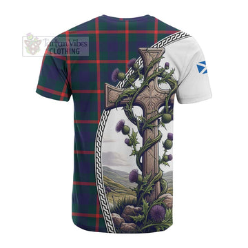 Tartan Vibes Clothing Agnew Tartan Cotton T-shirt with Family Crest and St. Andrew's Cross Accented by Thistle Vines
