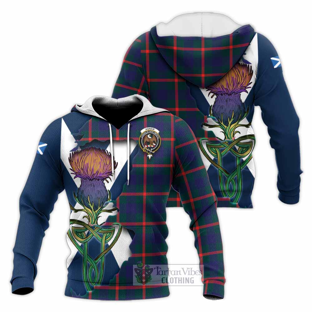 Tartan Vibes Clothing Agnew Tartan Family Crest Knitted Hoodie Scottish Thistle Celtic Inspired