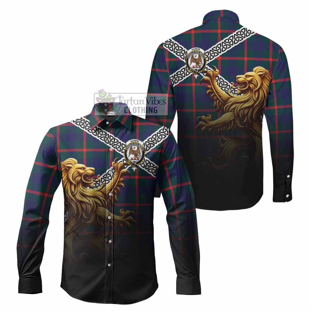 Agnew Crest Tartan Long Sleeve Button Shirt with Golden Lion Emblem Celtic Style - Tartan Vibes Clothing