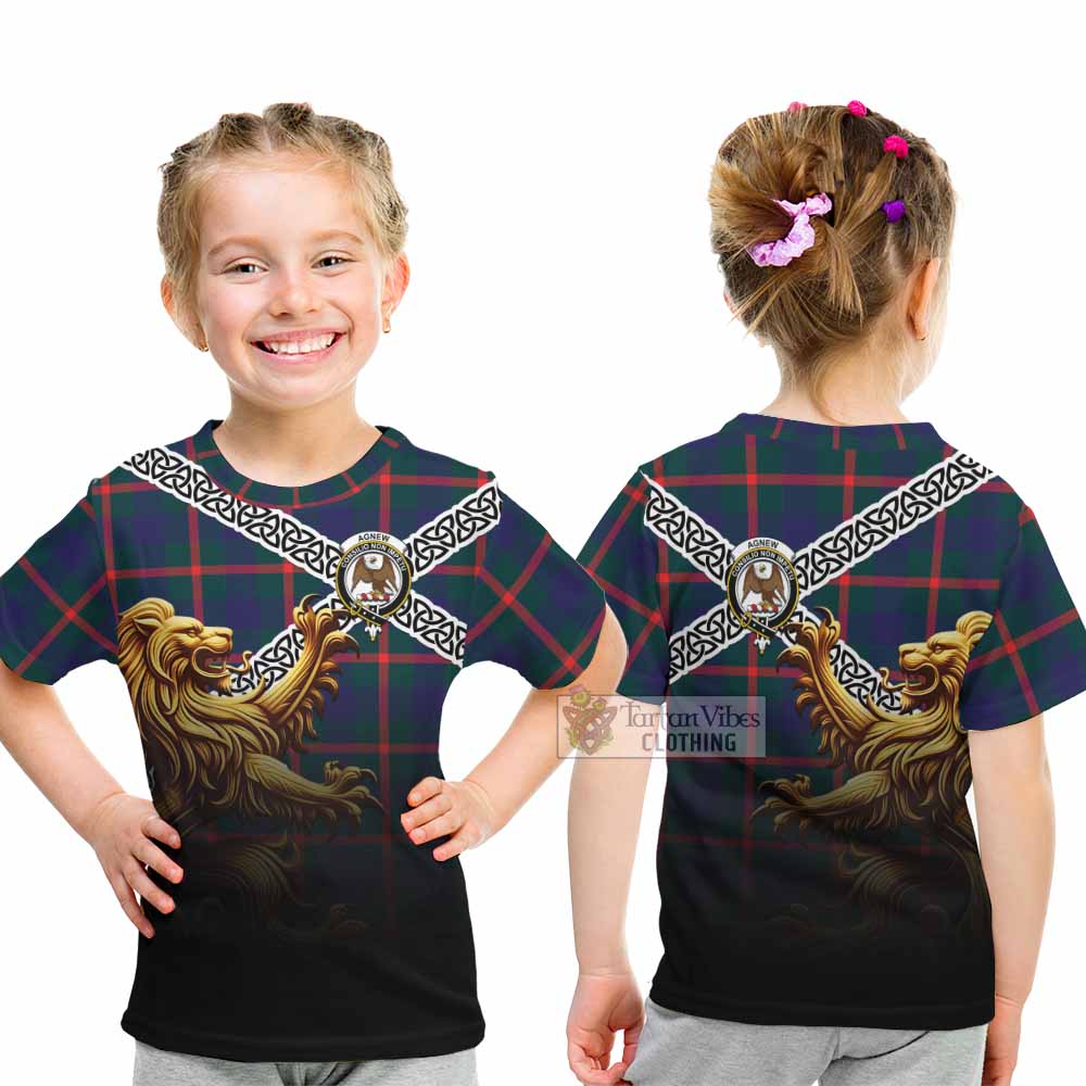 Tartan Vibes Clothing Agnew Crest Tartan Kid T-Shirt with Golden Lion Emblem Celtic Style