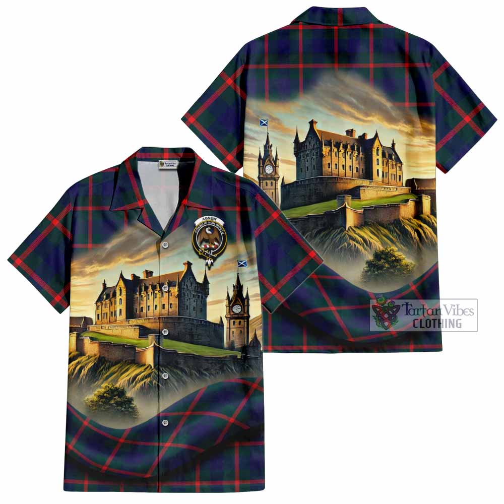 Tartan Vibes Clothing Agnew Tartan Family Crest Short Sleeve Button Shirt with Scottish Ancient Castle Style