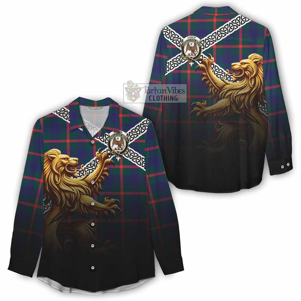Tartan Vibes Clothing Agnew Crest Tartan Women's Casual Shirt with Golden Lion Emblem Celtic Style
