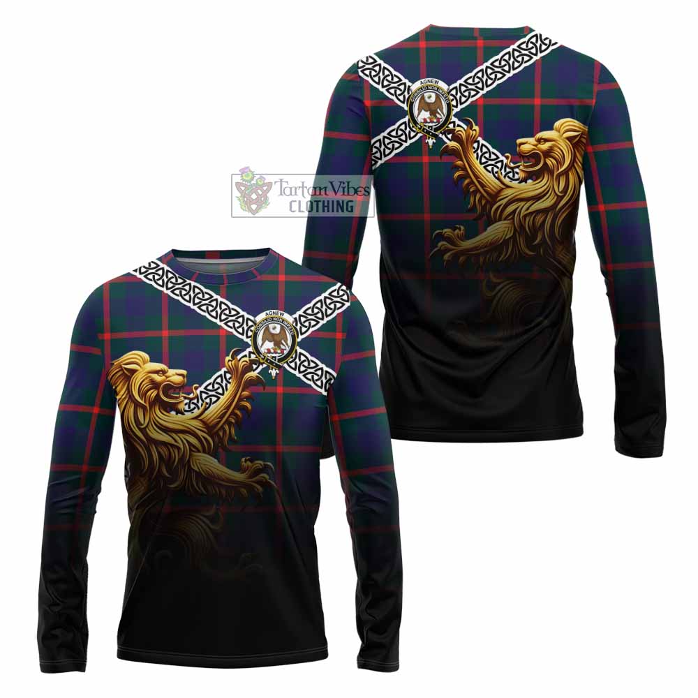 Tartan Vibes Clothing Agnew Crest Tartan Long Sleeve T-Shirt with Golden Lion Emblem Celtic Style