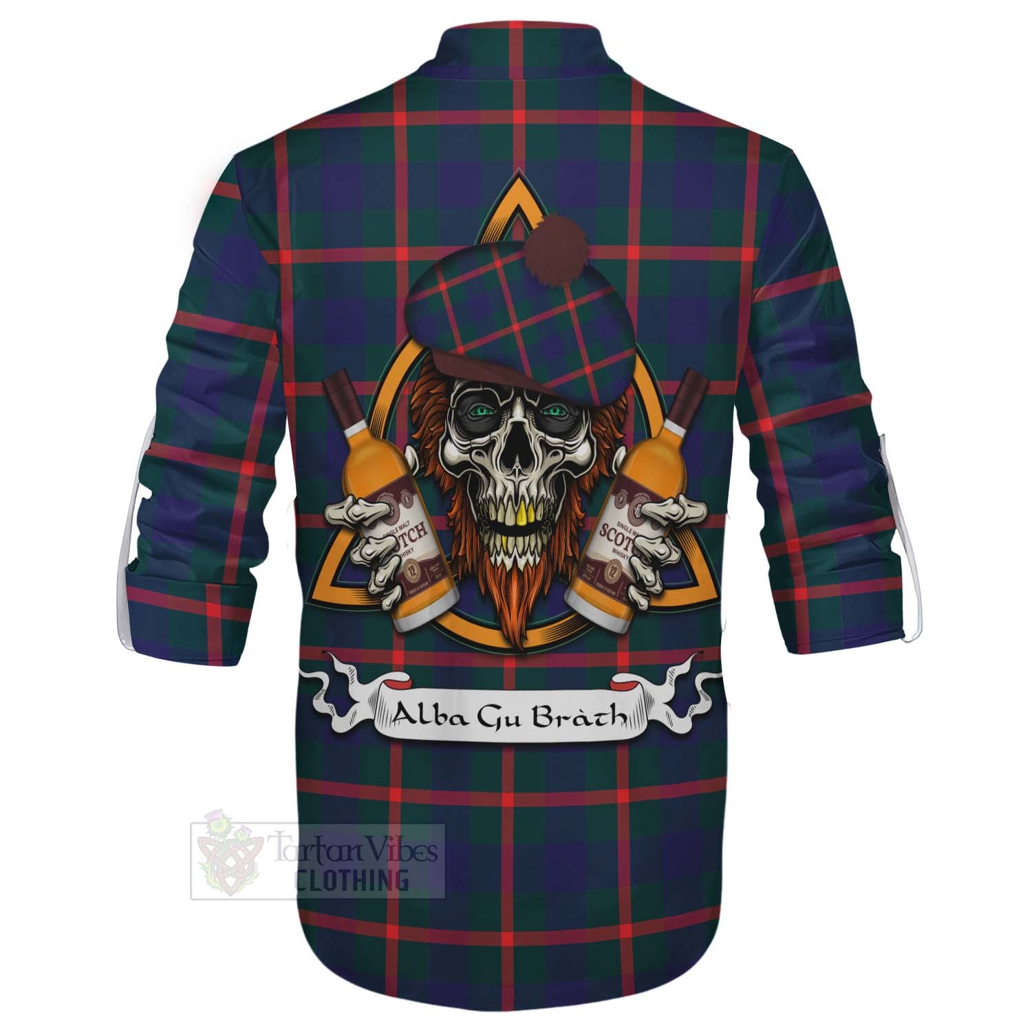 Tartan Vibes Clothing Agnew Tartan Ghillie Kilt Shirt with Family Crest and Bearded Skull Holding Bottles of Whiskey