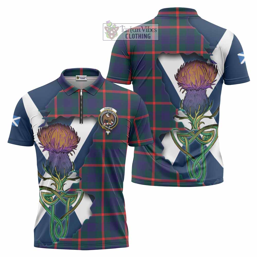 Tartan Vibes Clothing Agnew Tartan Family Crest Zipper Polo Shirt Scottish Thistle Celtic Inspired