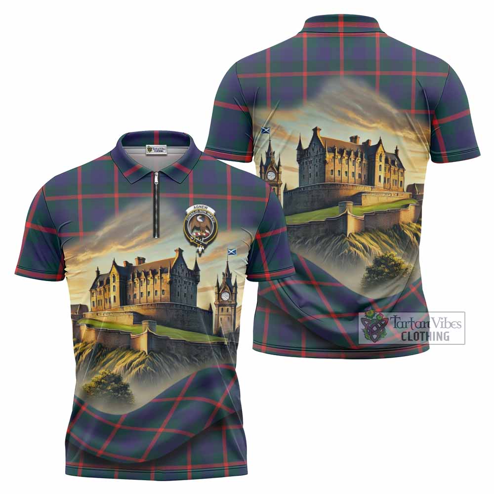 Tartan Vibes Clothing Agnew Tartan Family Crest Zipper Polo Shirt with Scottish Ancient Castle Stype