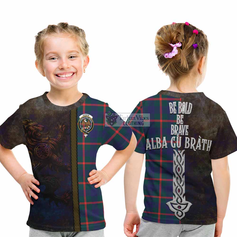 Tartan Vibes Clothing Agnew Tartan Family Crest Kid T-Shirt Alba Gu Brath Be Brave Lion Ancient Style