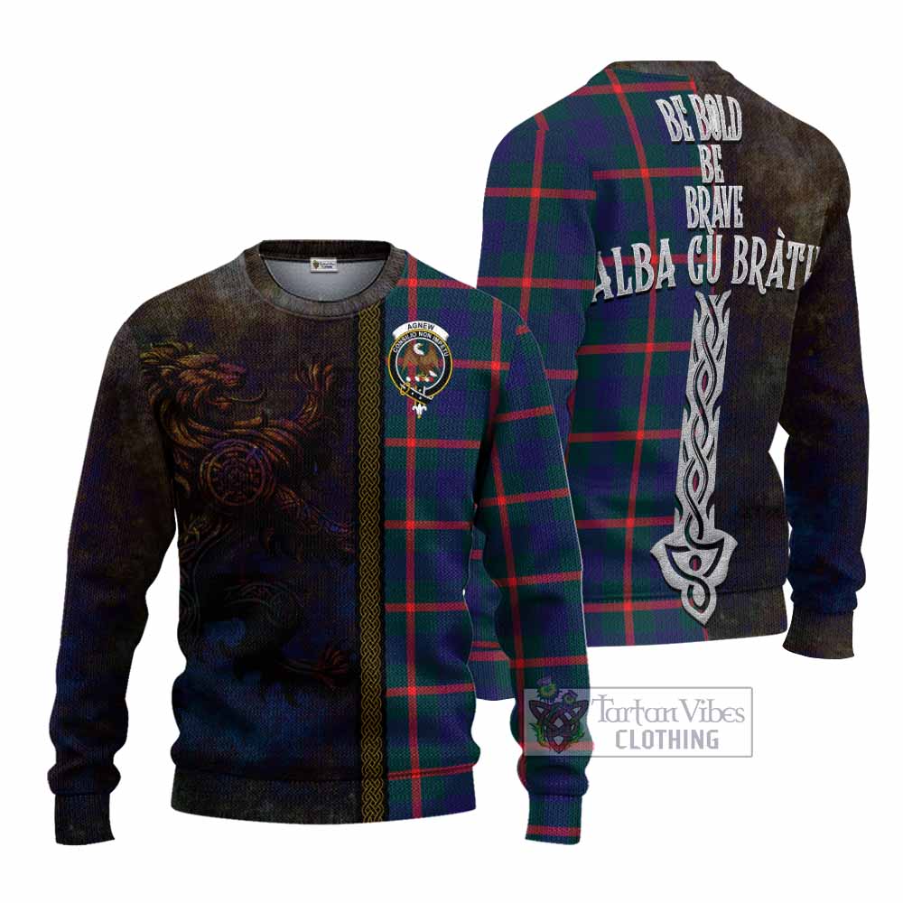 Tartan Vibes Clothing Agnew Tartan Family Crest Knitted Sweater Alba Gu Brath Be Brave Lion Ancient Style