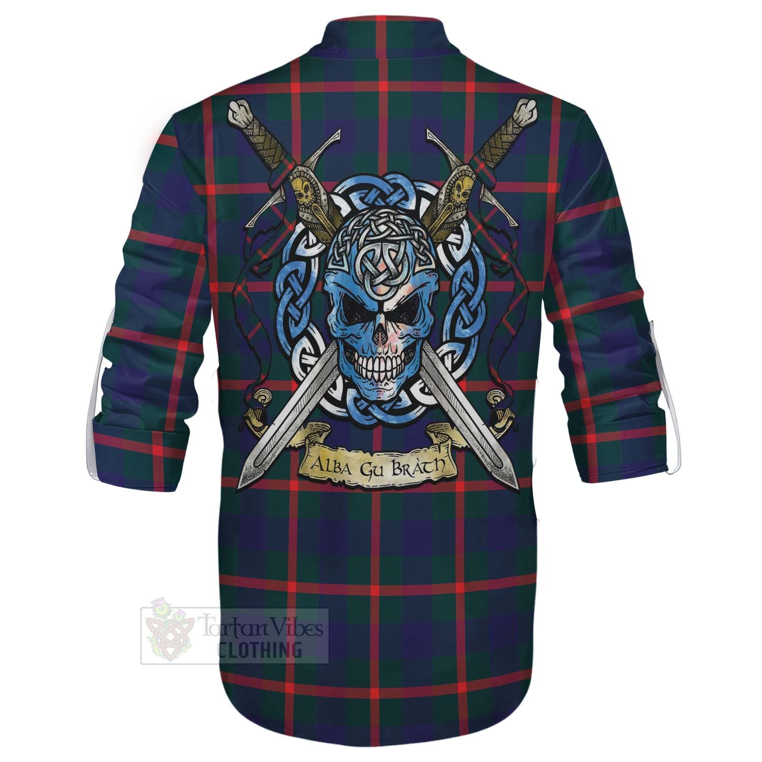 Tartan Vibes Clothing Agnew Tartan Ghillie Kilt Shirt with Family Crest Celtic Skull Style