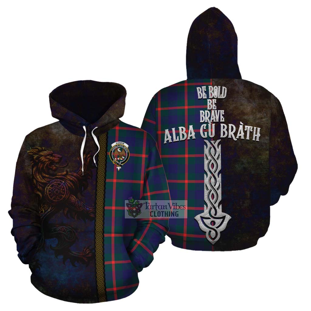 Tartan Vibes Clothing Agnew Tartan Family Crest Cotton Hoodie Alba Gu Brath Be Brave Lion Ancient Style