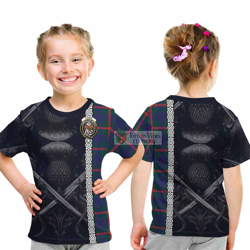 Tartan Vibes Clothing Agnew Tartan Kid T-Shirt with Family Crest Cross Sword Thistle Celtic Vibes