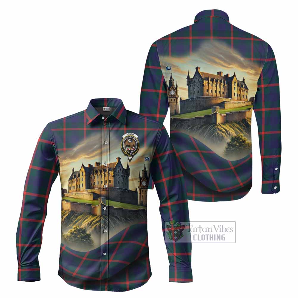 Tartan Vibes Clothing Agnew Tartan Family Crest Long Sleeve Button Shirt with Scottish Ancient Castle Style