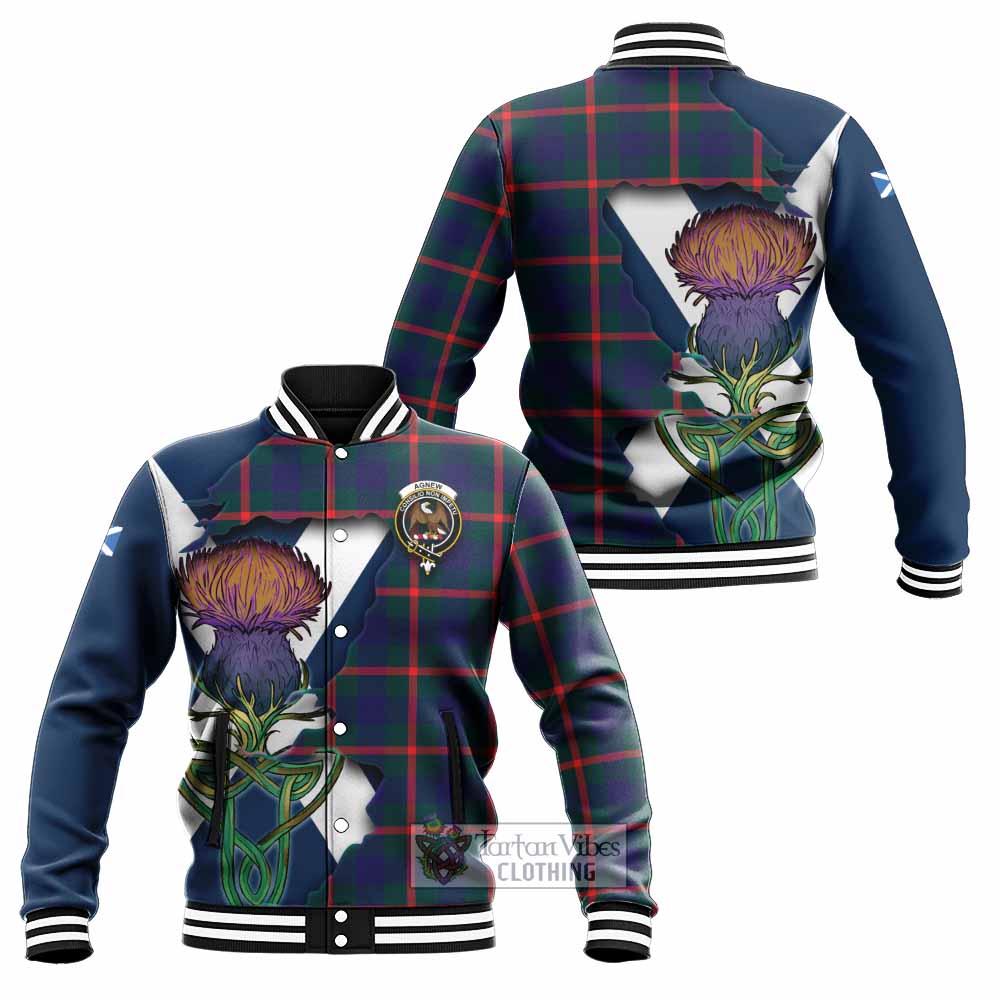 Tartan Vibes Clothing Agnew Tartan Family Crest Baseball Jacket Scottish Thistle Celtic Inspired