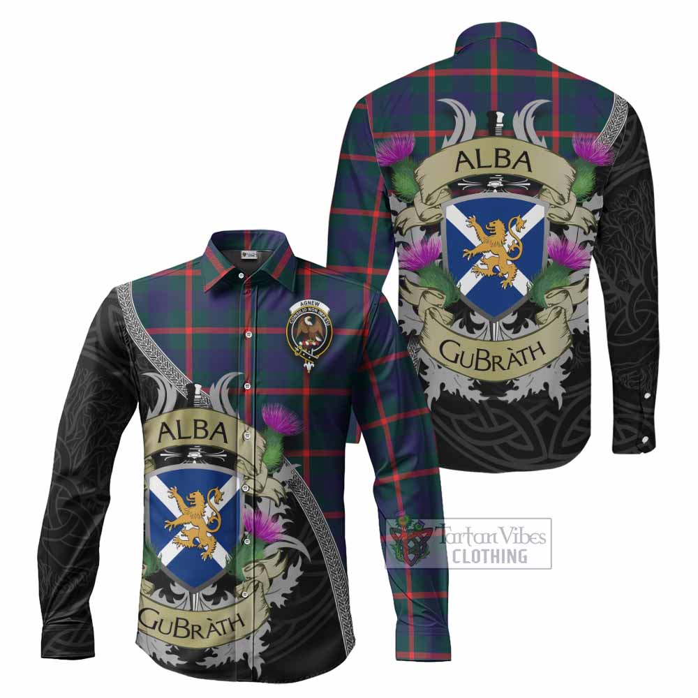 Tartan Vibes Clothing Agnew Tartan Family Crest Long Sleeve Button Shirt Lion Rampant Royal Thistle Shield Celtic Inspired