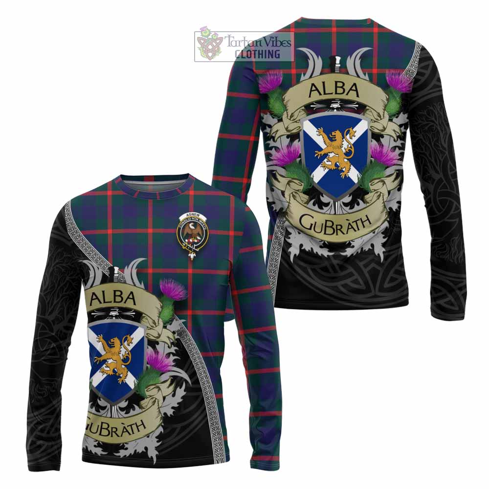 Tartan Vibes Clothing Agnew Tartan Family Crest Long Sleeve T-Shirt Lion Rampant Royal Thistle Shield Celtic Inspired