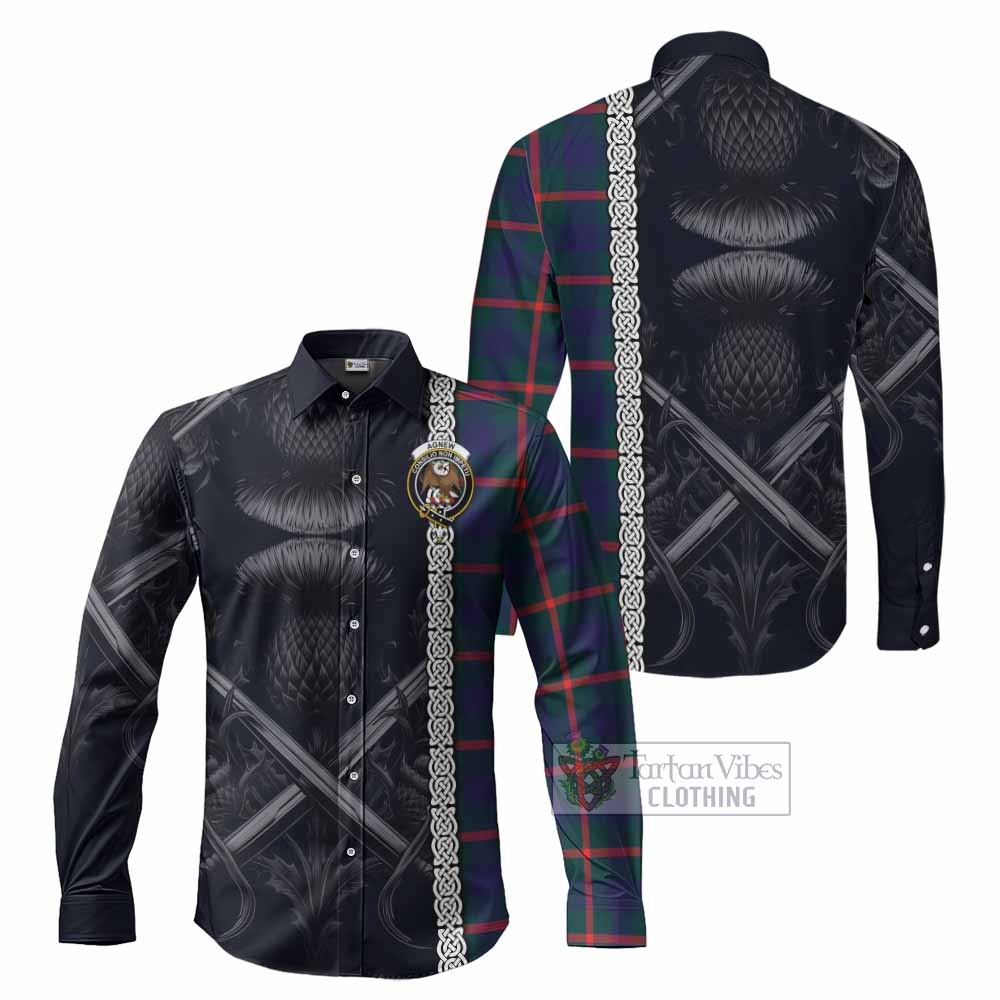 Tartan Vibes Clothing Agnew Tartan Long Sleeve Button Shirt with Family Crest Cross Sword Thistle Celtic Vibes