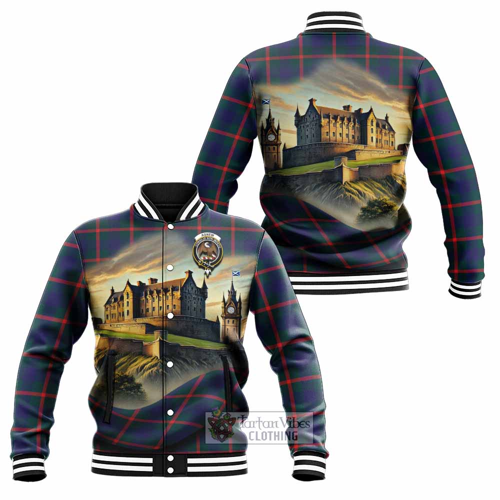 Tartan Vibes Clothing Agnew Tartan Family Crest Baseball Jacket with Scottish Ancient Castle Style