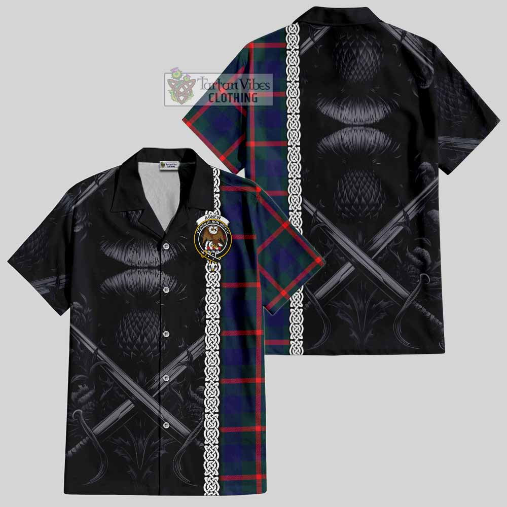 Tartan Vibes Clothing Agnew Tartan Short Sleeve Button Shirt with Family Crest Cross Sword Thistle Celtic Vibes