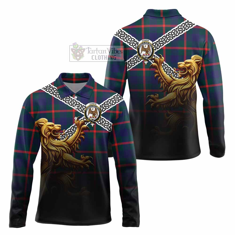 Tartan Vibes Clothing Agnew Crest Tartan Long Sleeve Polo Shirt with Golden Lion Emblem Celtic Style