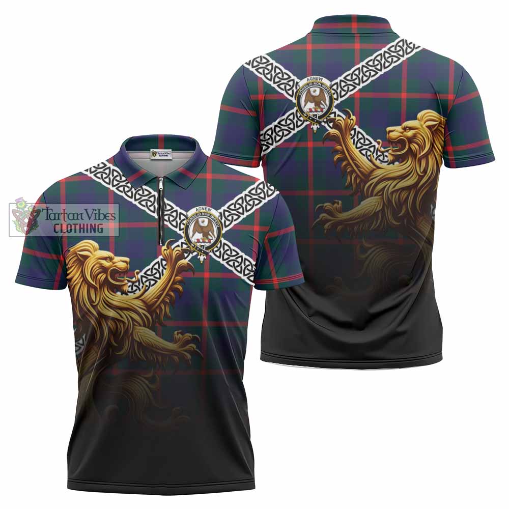 Tartan Vibes Clothing Agnew Crest Tartan Zipper Polo Shirt with Golden Lion Emblem Celtic Style