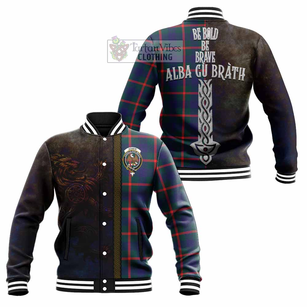 Tartan Vibes Clothing Agnew Tartan Family Crest Baseball Jacket Alba Gu Brath Be Brave Lion Ancient Style