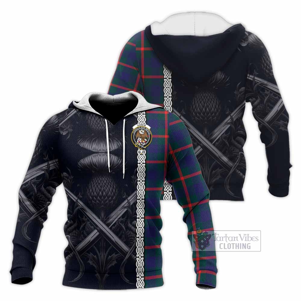 Tartan Vibes Clothing Agnew Tartan Knitted Hoodie with Family Crest Cross Sword Thistle Celtic Vibes