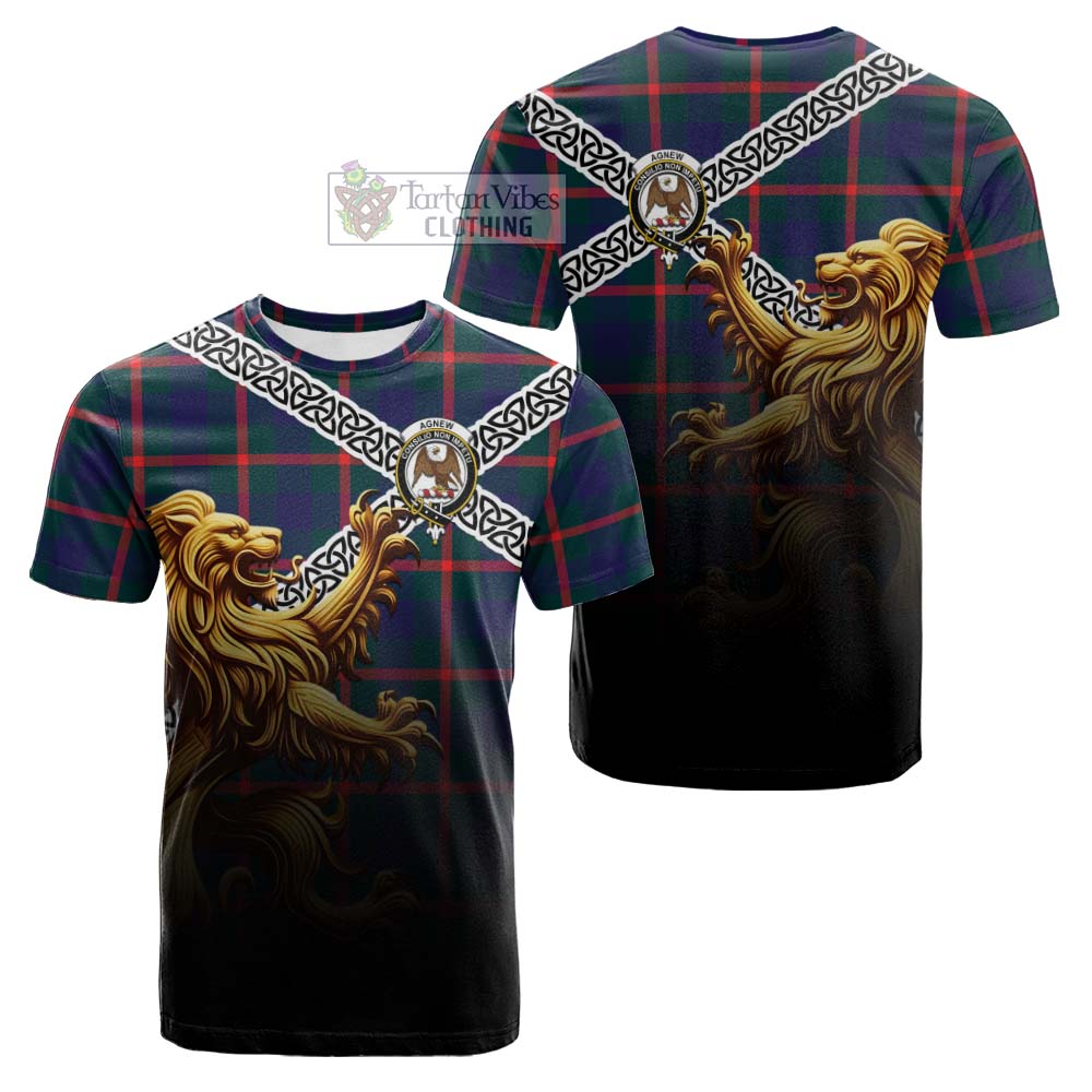 Tartan Vibes Clothing Agnew Crest Tartan Cotton T-shirt with Golden Lion Emblem Celtic Style