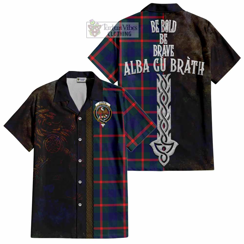 Tartan Vibes Clothing Agnew Tartan Family Crest Short Sleeve Button Shirt Alba Gu Brath Be Brave Lion Ancient Style