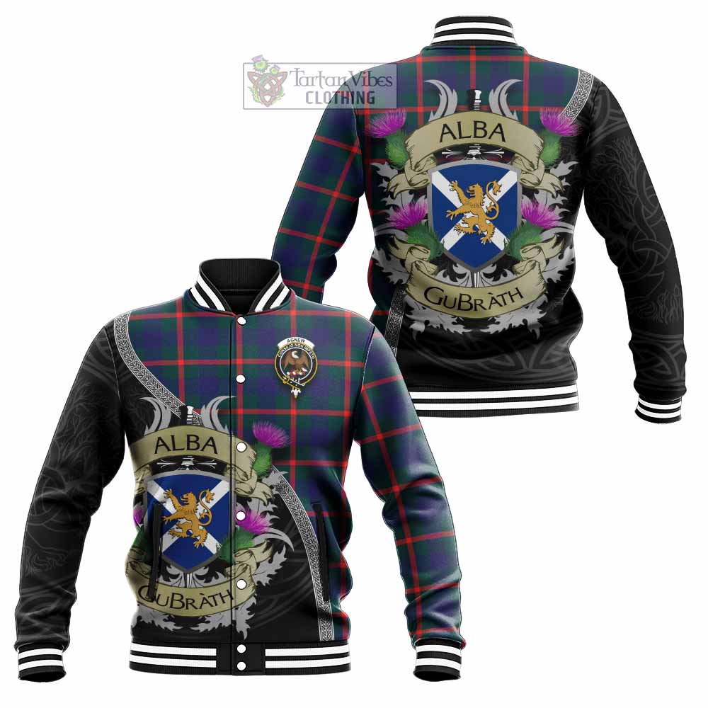 Tartan Vibes Clothing Agnew Tartan Family Crest Baseball Jacket Lion Rampant Royal Thistle Shield Celtic Inspired