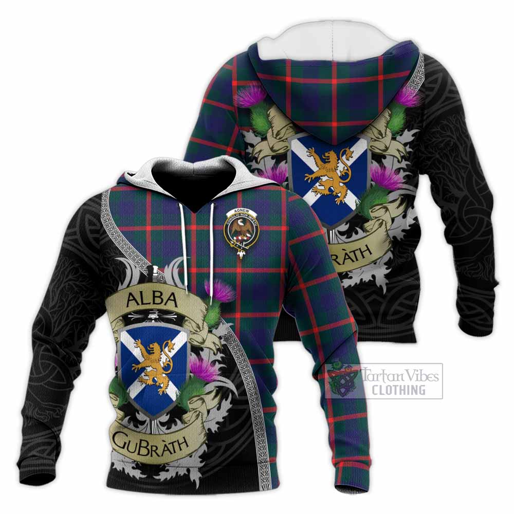 Tartan Vibes Clothing Agnew Tartan Family Crest Knitted Hoodie Lion Rampant Royal Thistle Shield Celtic Inspired