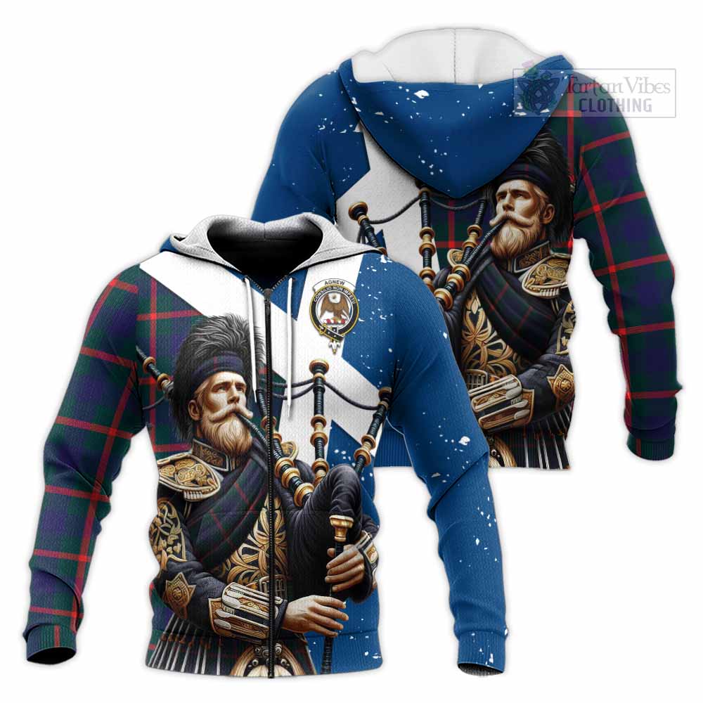 Tartan Vibes Clothing Agnew Tartan Knitted Hoodie with Family Crest Scottish Bagpiper Vibes